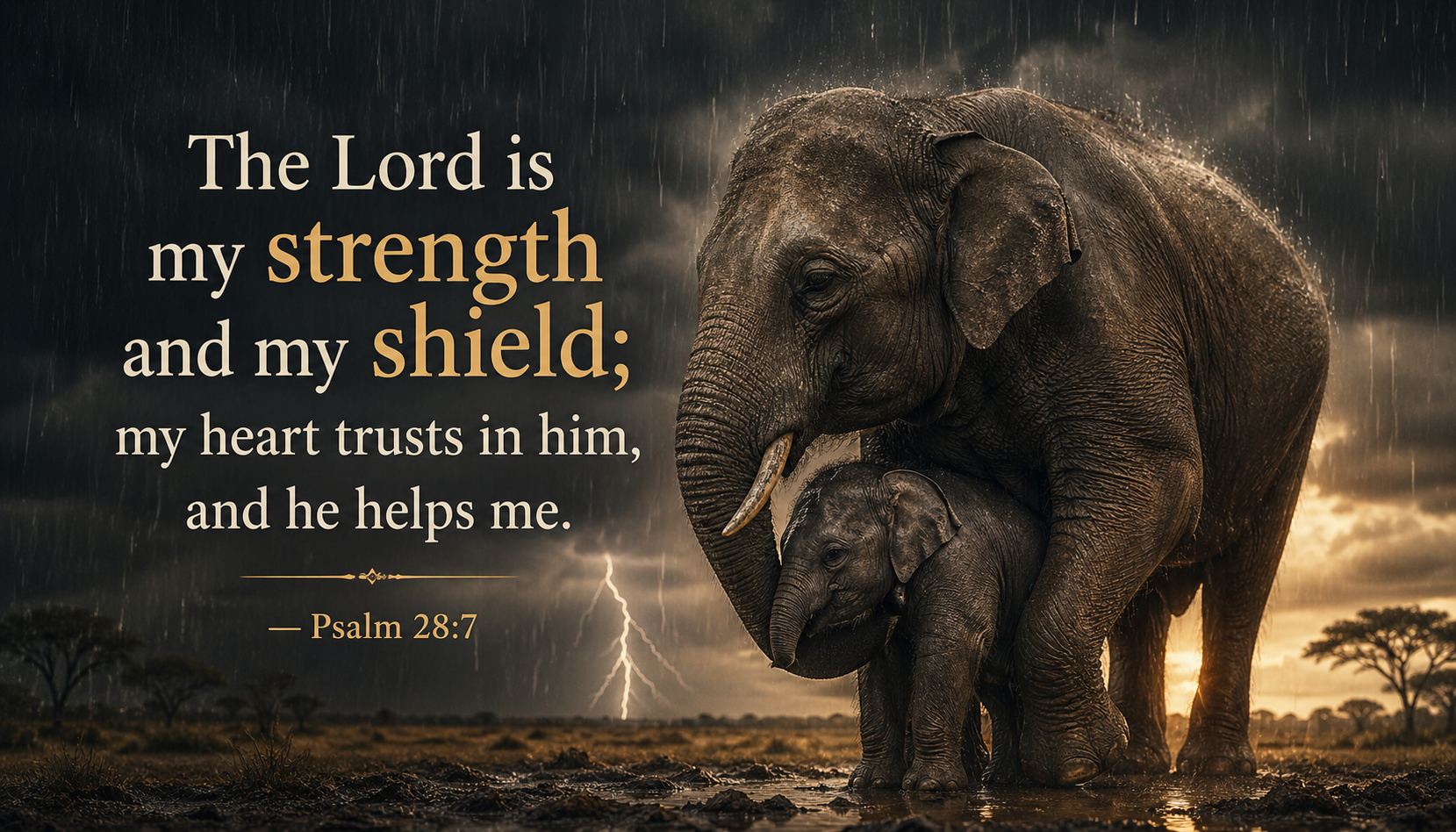 Bible verse wallpaper Psalm 28:7 with mother elephant standing over calf during storm shielding from rain and wind